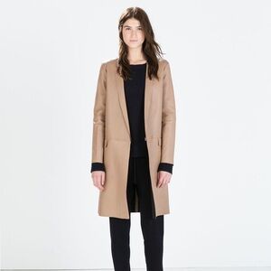 Zara Studio Longline Minimalist Lambskin Leather Coat Tan Size Small